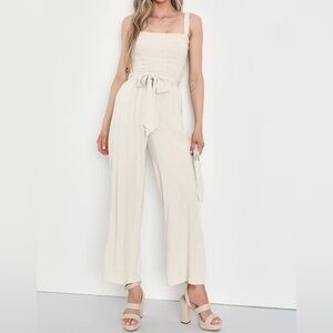 Lulus Summer Moments Beige Linen Smocked Wide-Leg Jumpsuit